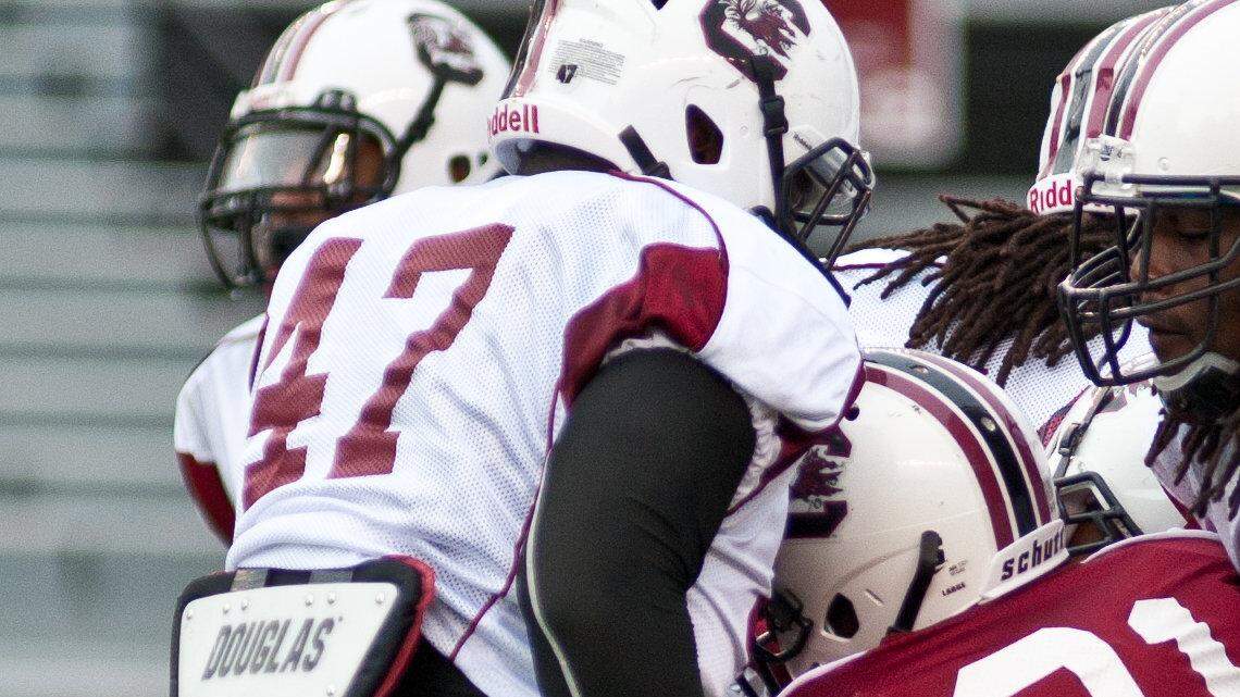 Defensive end Jadeveon Clowney wraps up tailback Marcus Lattimore during the USC football team practice on Saturday in Williams Brice Stadium in Columbia.