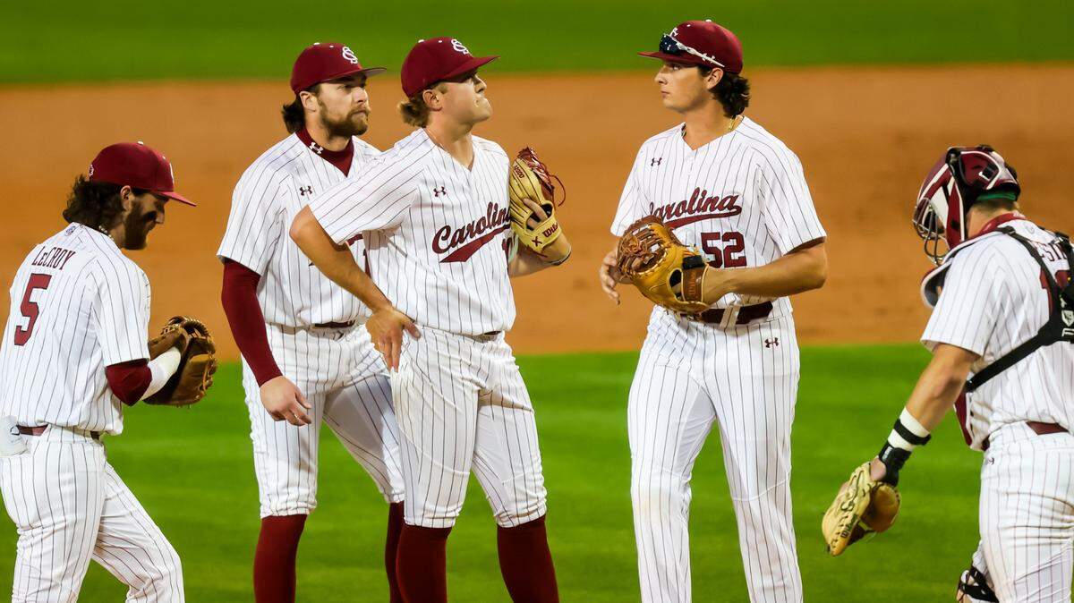 South Carolina pitcher Eli Jones (14) reacts after giving up a two-run homer to Texas A&M in the third inning during their game at Founders Park in Columbia, SC, April 5, 2024.
