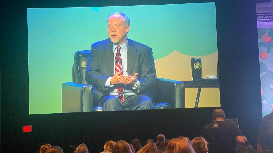 Seen on a giant screen before an audience of some 2,000, lead Alex Murdaugh prosecutor Creighton Waters makes a point Saturday, Sept. 24, 2023, at the annual CrimeCon convention in Orlando.