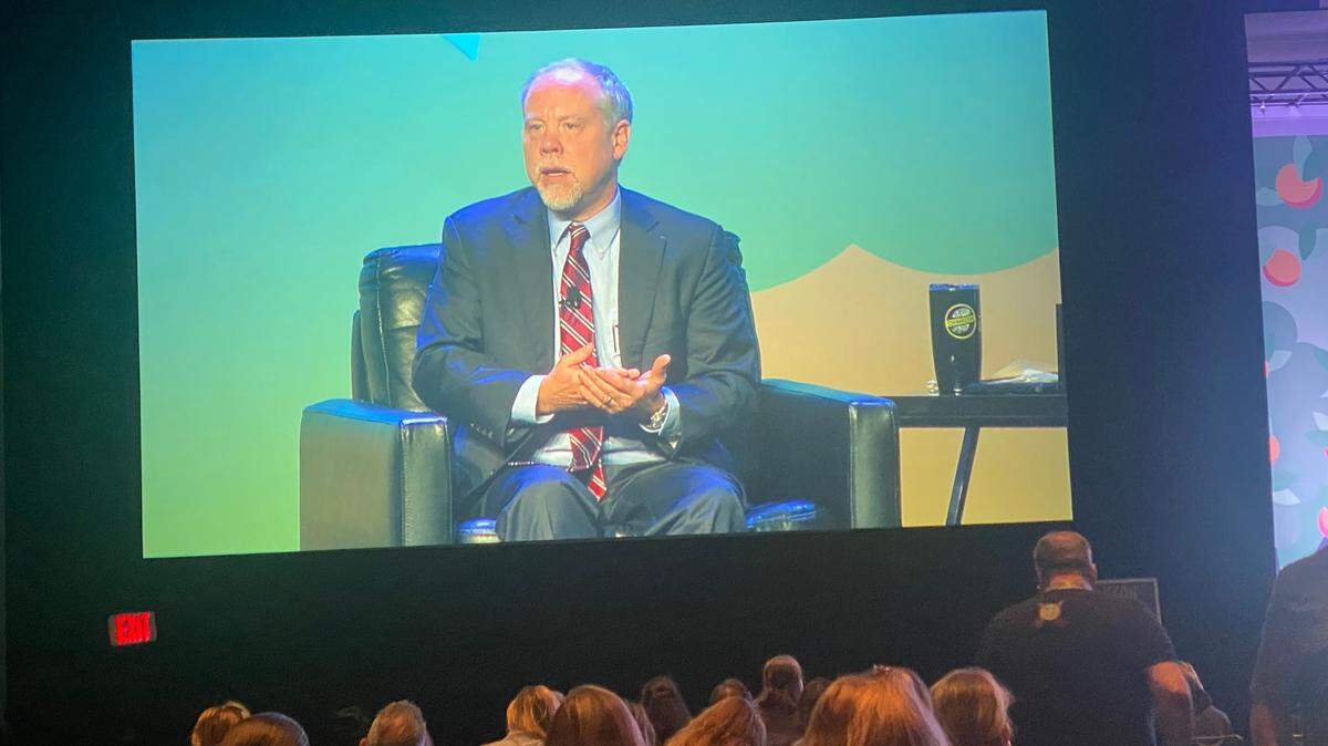 Seen on a giant screen before an audience of some 2,000, lead Alex Murdaugh prosecutor Creighton Waters makes a point Saturday, Sept. 24, 2023, at the annual CrimeCon convention in Orlando.