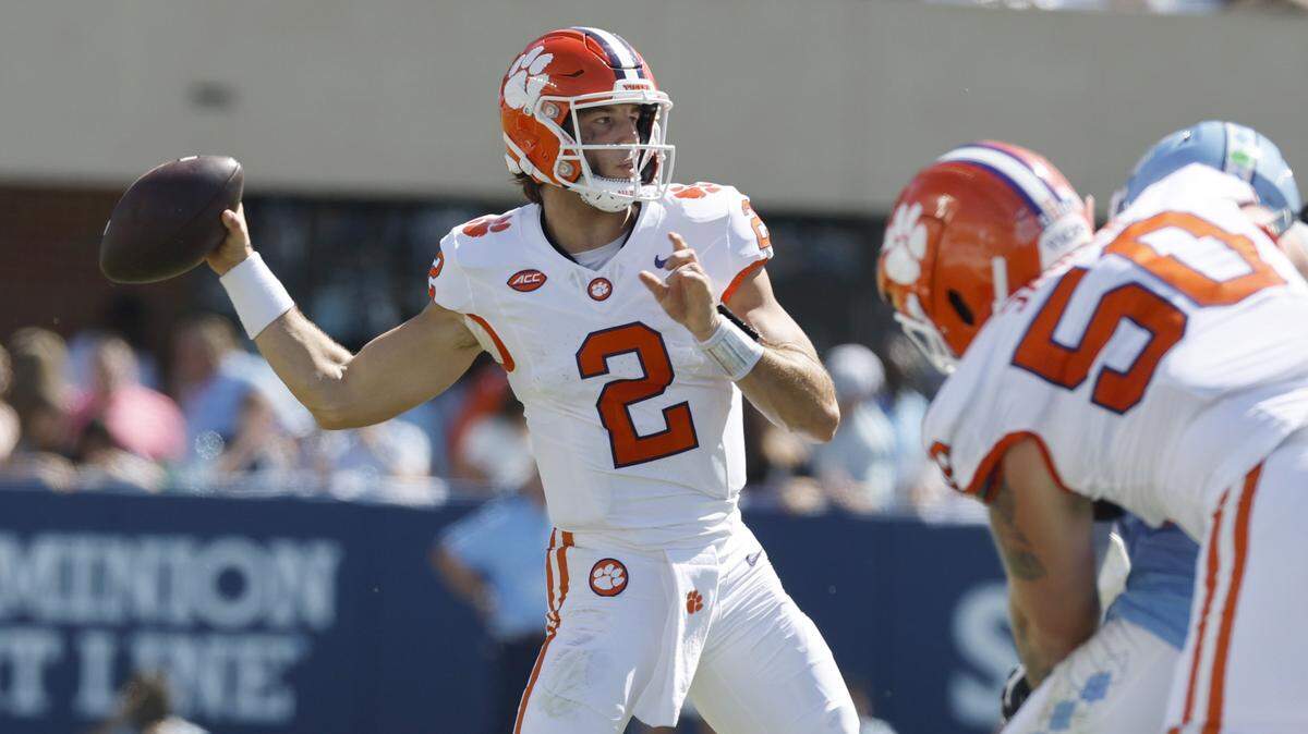 Clemson quarterback Cade Klubnik (2) prepares to pass during the first half of UNC’s game against Clemson at Kenan Stadium in Chapel Hill, N.C., Sat. Oct. 4, 2025.
