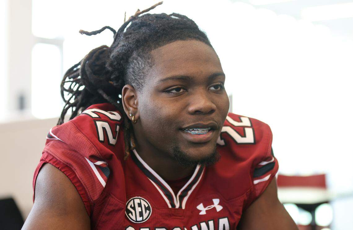 South Carolina Gamecock running back Jawarn Howell speaks to reporters during an interview in Columbia on Thursday, February 8, 2024.