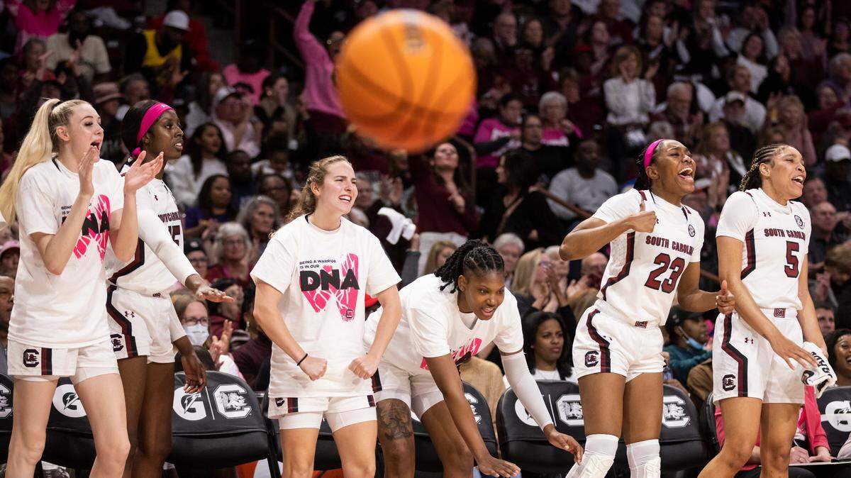 The Gamecocks react to a score during South Carolina’s game against visiting LSU at Colonial Life Arena in Columbia on Sunday, February 12, 2023.