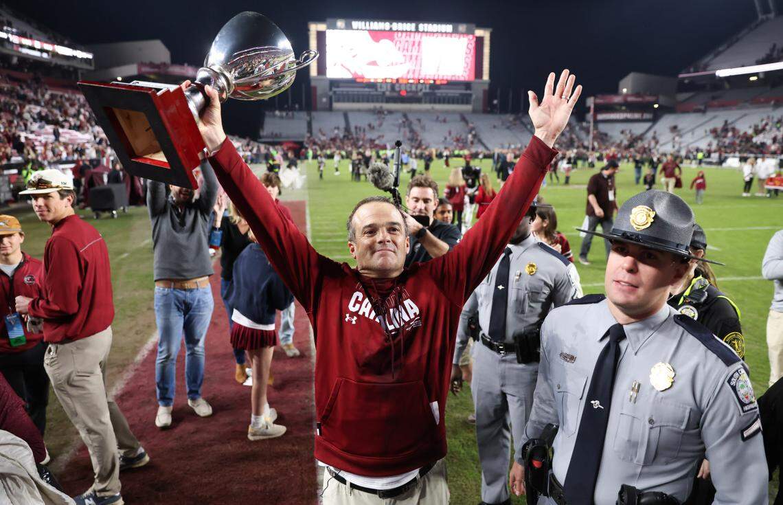 South Carolina head coach Shane Beamer celebrates after the Gamecocks’ win over Missouri at Williams-Brice Stadium in Columbia on Saturday, November 16, 2024.