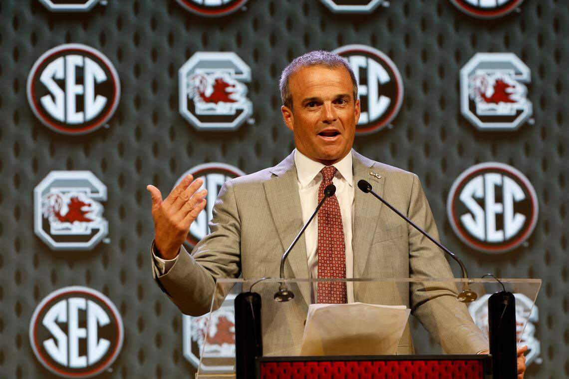 South Carolina football head coach Shane Beamer speaks at the 2024 SEC Football Media Days on Monday, July 15, 2024 at the Omni Dallas Hotel.
