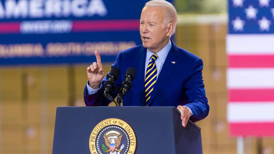 U.S. President Joe Biden speaks at Flex LTD in West Columbia, SC, Thursday, July 6, 2023.