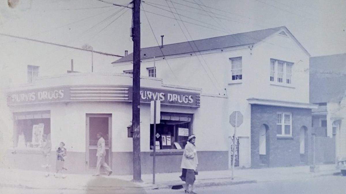 Purvis Drugs, pharmacy at 42.5 Morris Street, Walter Boags, 1951, courtesy of the Avery Research Center for African American History and Culture.