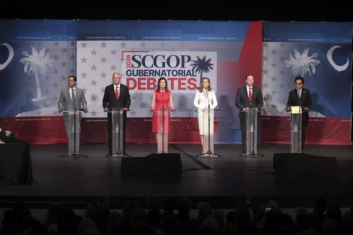 GOP candidates for South Carolina Governor, including, from left, State Sen. Josh Kimbrell, Congressman Ralph Norman, Lt. Gov. Pamela Evette, Sen. Nancy Mace, Attorney General Alan Wilson, and businessman Rom Reddy. Prepare for their televised debate at the Sottile Theater in Charleston on Tuesday, April 21, 2026.