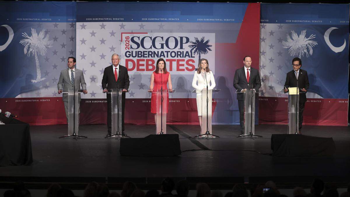 GOP candidates for South Carolina governor, including, from left, state Sen. Josh Kimbrell, U.S. Rep. Ralph Norman, Lt. Gov. Pamela Evette, U.S. Rep. Nancy Mace, Attorney General Alan Wilson and businessman Rom Reddy prepare for their televised debate at the Sottile Theater in Charleston on Tuesday, April 21, 2026. But Kimbrell and Evette won’t be on the debate stage for the May 26 debate.