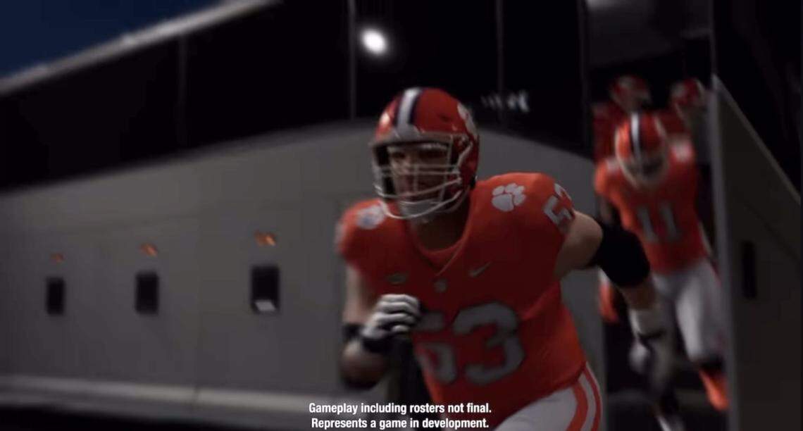 Clemson football players file out of a bus in the EA Sports “College Football 26” official reveal trailer released May 29