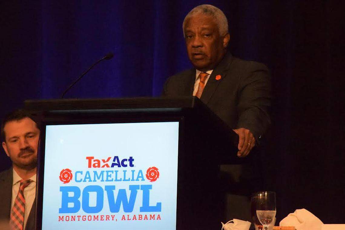 Clemson chief of football administration Woody McCorvey gives a speech after being named the 2021 TaxAct Camellia Bowl Alabama Football Legend presented by Regions Bank on Dec. 24, 2021. McCorvey was a quarterback at Alabama State then coached at Alabama A&M and the University of Alabama.