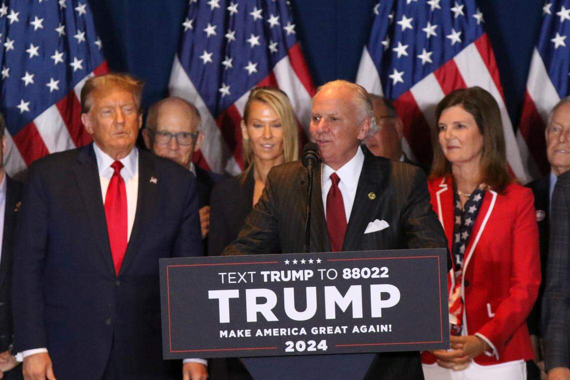South Carolina Governor Henry McMaster speaks to a crowd gathered at the South Carolina State Fairgrounds for Donald Trump on Saturday, Feb. 24, 2024. Trump was declared the winner of the South Carolina primary.