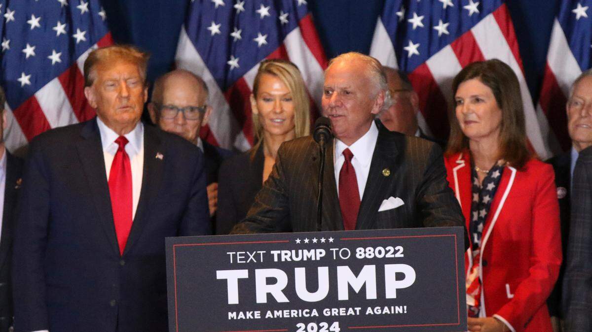 South Carolina Governor Henry McMaster speaks to a crowd gathered at the South Carolina State Fairgrounds for Donald Trump on Saturday, Feb. 24, 2024. Trump was declared the winner of the South Carolina primary.