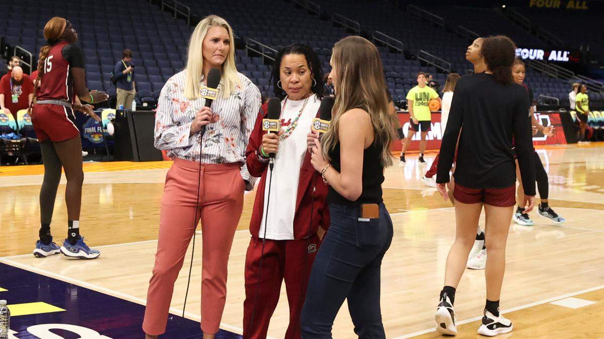 University of South Carolina Head Coach Dawn Staley is interviewed as the Gamecocks practice at the Amalie Arena in Tampa Florida on Thursday, April 3, 2025. The Gamecocks play Texas in the semifinal round of the NCAA Tournament.