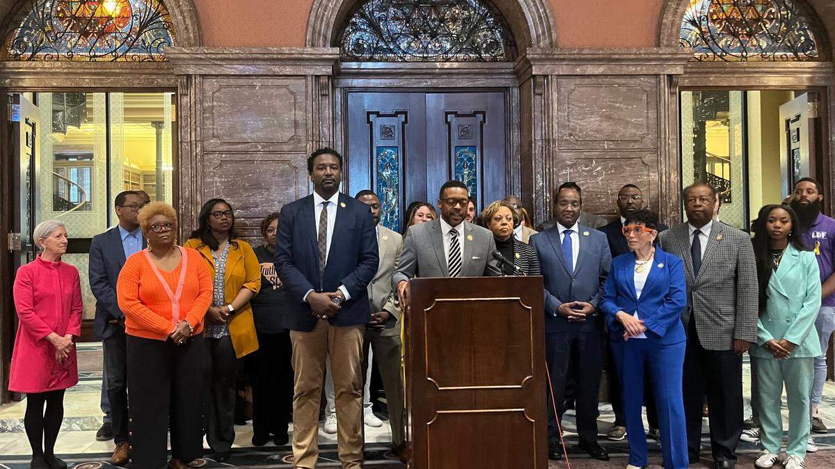 The South Carolina Legislative Black Caucus speaks against H. 4289, a bill that takes aim at diversity, equity and inclusion efforts at the state’s public colleges and universities, on March 28, 2024.
