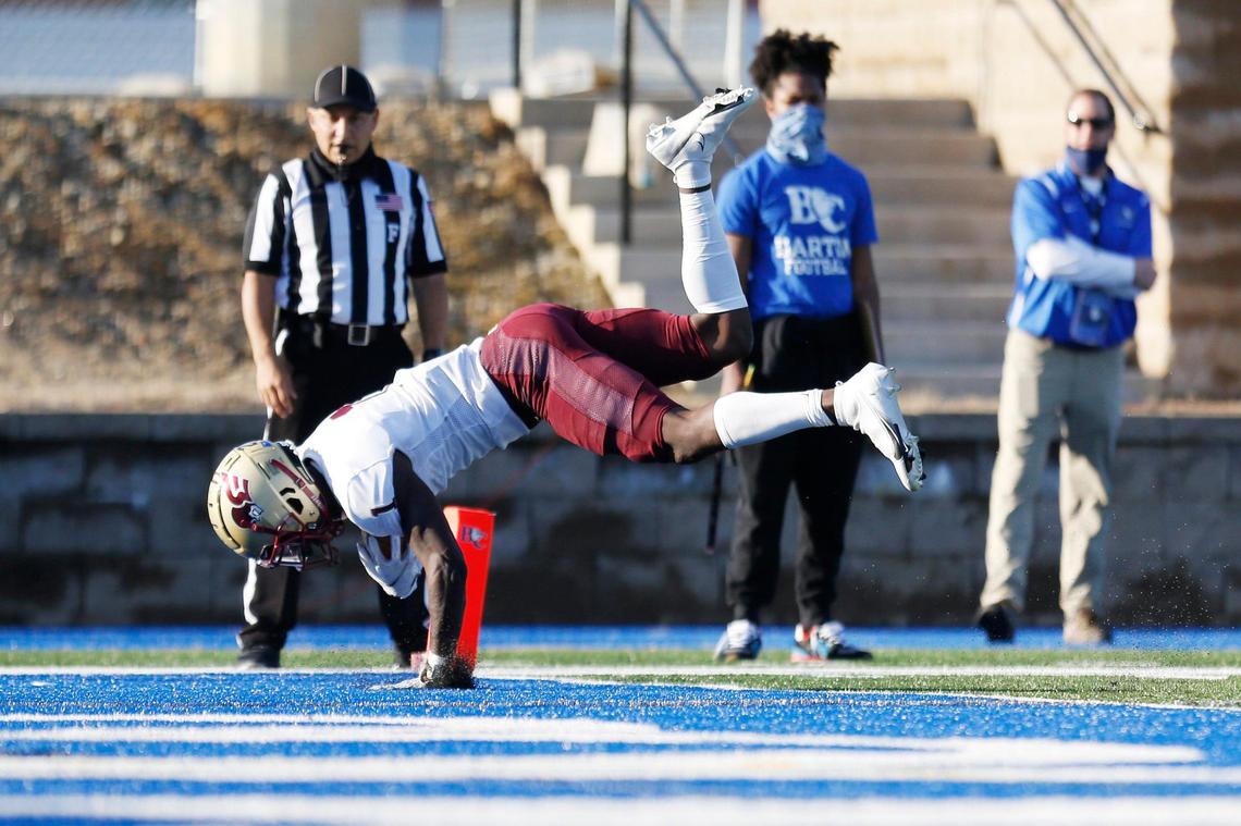 Erskine wide receiver Senika McKie (1) dives into the end zone for a touchdown in the fourth quarter of the game Saturday.