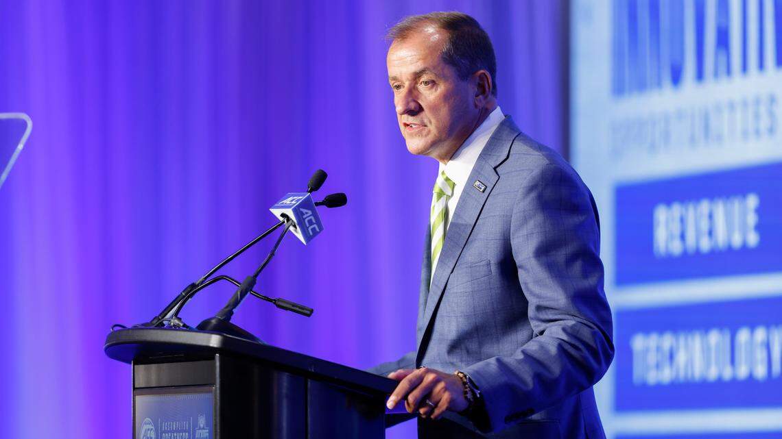 ACC commissioner Jim Phillips speaks to the media at the 2024 ACC Kickoff in Charlotte, N.C., Monday, July 22, 2024.