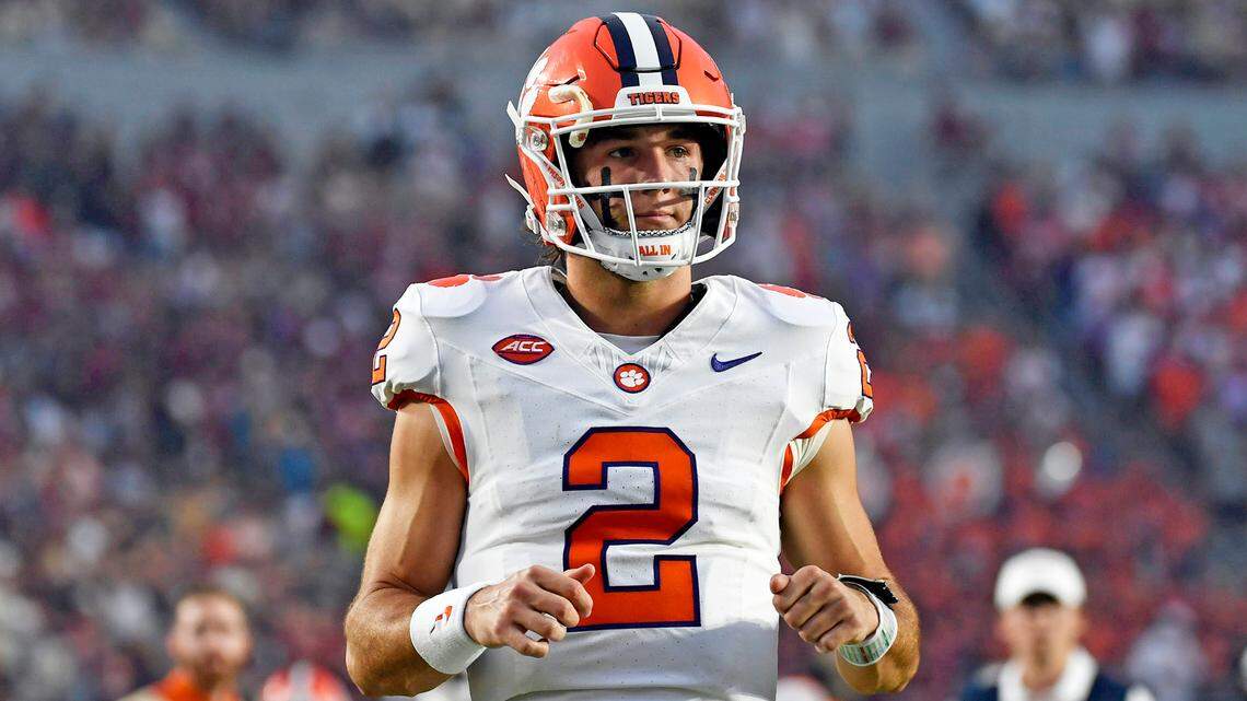 Oct 5, 2024; Tallahassee, Florida, USA; Clemson Tigers quarterback Cade Klubnik (2) before a game against the Florida State Seminoles at Doak S. Campbell Stadium.