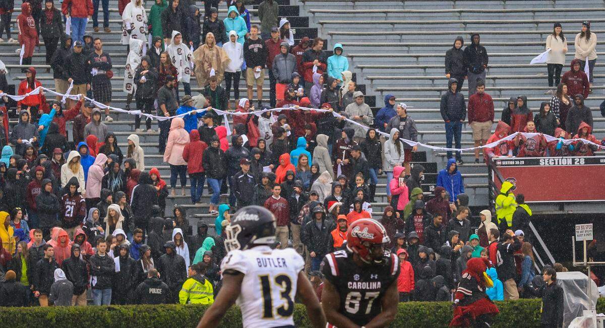 Gamecock fans tie the Sandstorm towels together and drape it across the endzone during the first half of the game against Akron at Williams-Brice Stadium in Columbia, SC, Saturday, December 01, 2018.