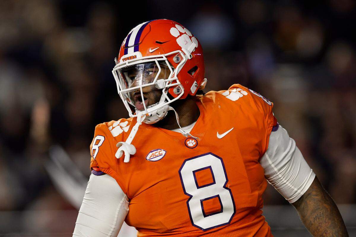 Oct 8, 2022; Chestnut Hill, Massachusetts, USA; Clemson Tigers defensive tackle Tre Williams (8) after a sack against the Boston College Eagles during the second half at Alumni Stadium.