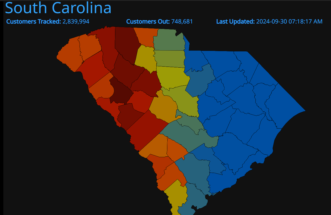 There remained more than 740,000 power outages in South Carolina, as of the morning of Sept. 30, following the devastation of Hurricane Helene.