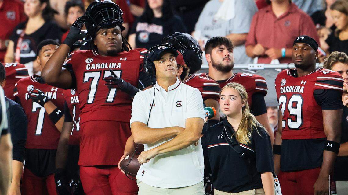 South Carolina head coach Shane Beamer watches his team play SC State at Williams-Brice Stadium on Saturday, September 6, 2025.