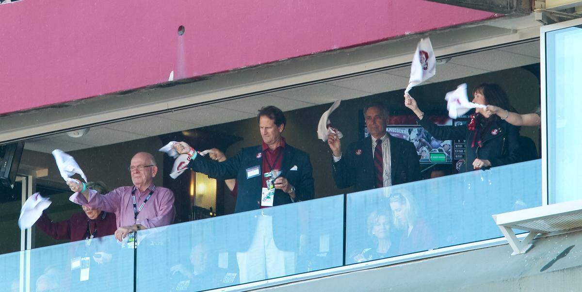 South Carolina President Harris Pastides and others in the president’s box get in the spirit during Sandstorm during the half of the Gamecock’s game against Mississippi State Saturday at Williams-Brice Stadium in Columbia.