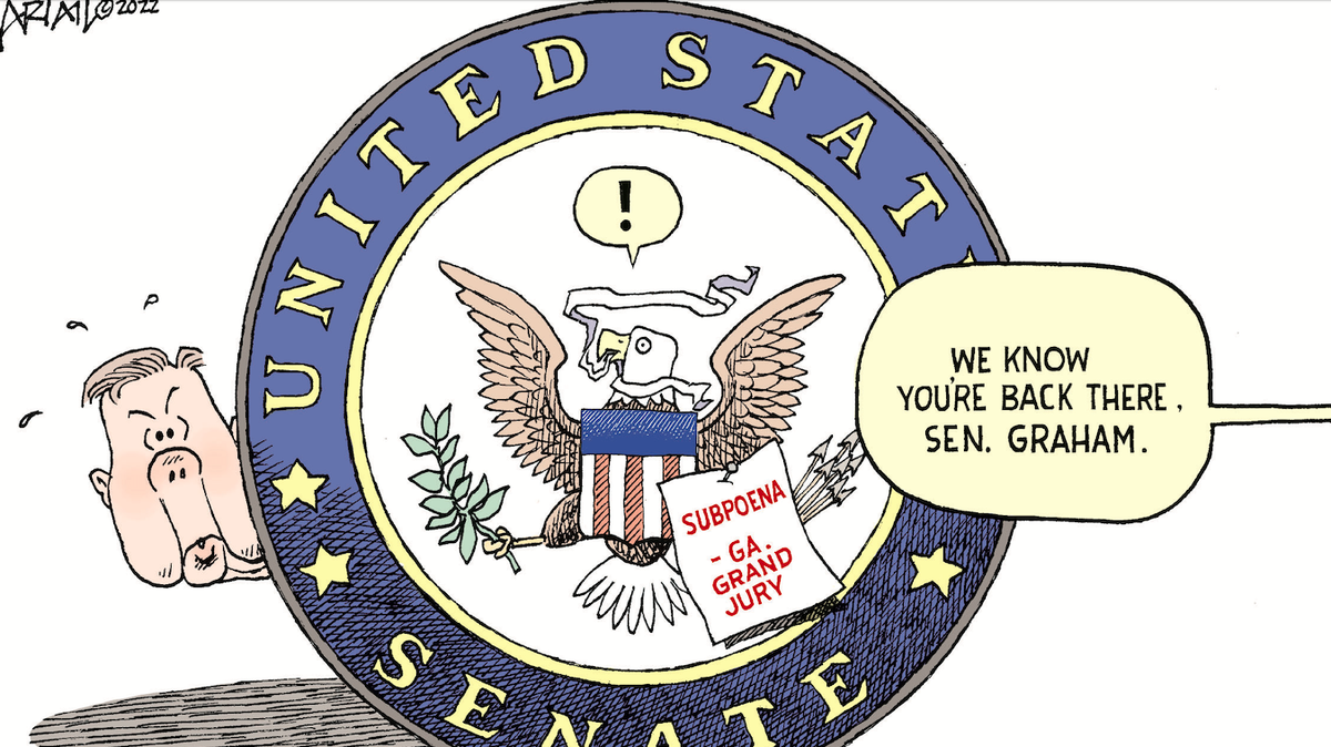 Robert Ariail editorial cartoon: A Georgia grand jury sees Lindsay Graham hiding.