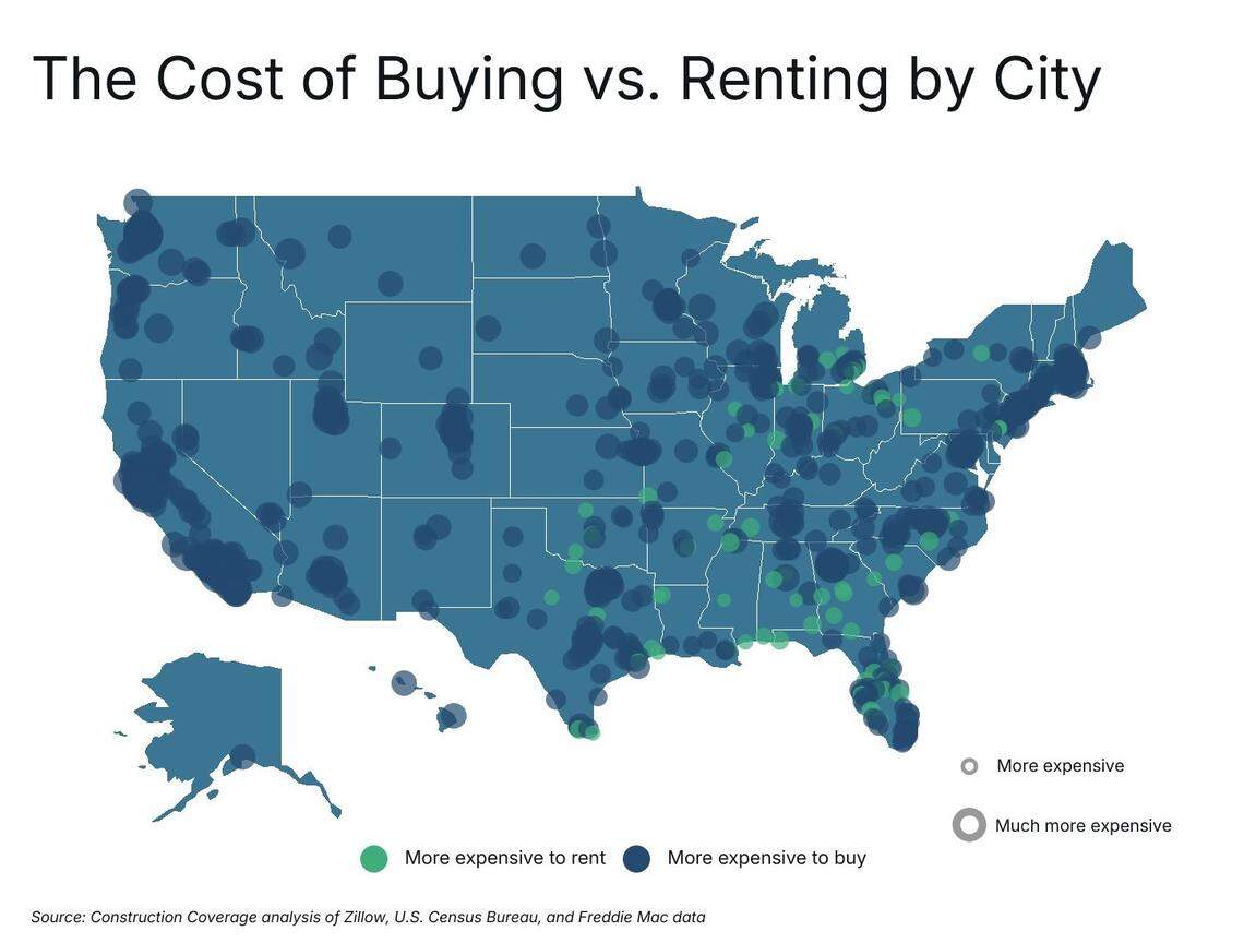 A map of where it’s cheaper to buy a house than rent.