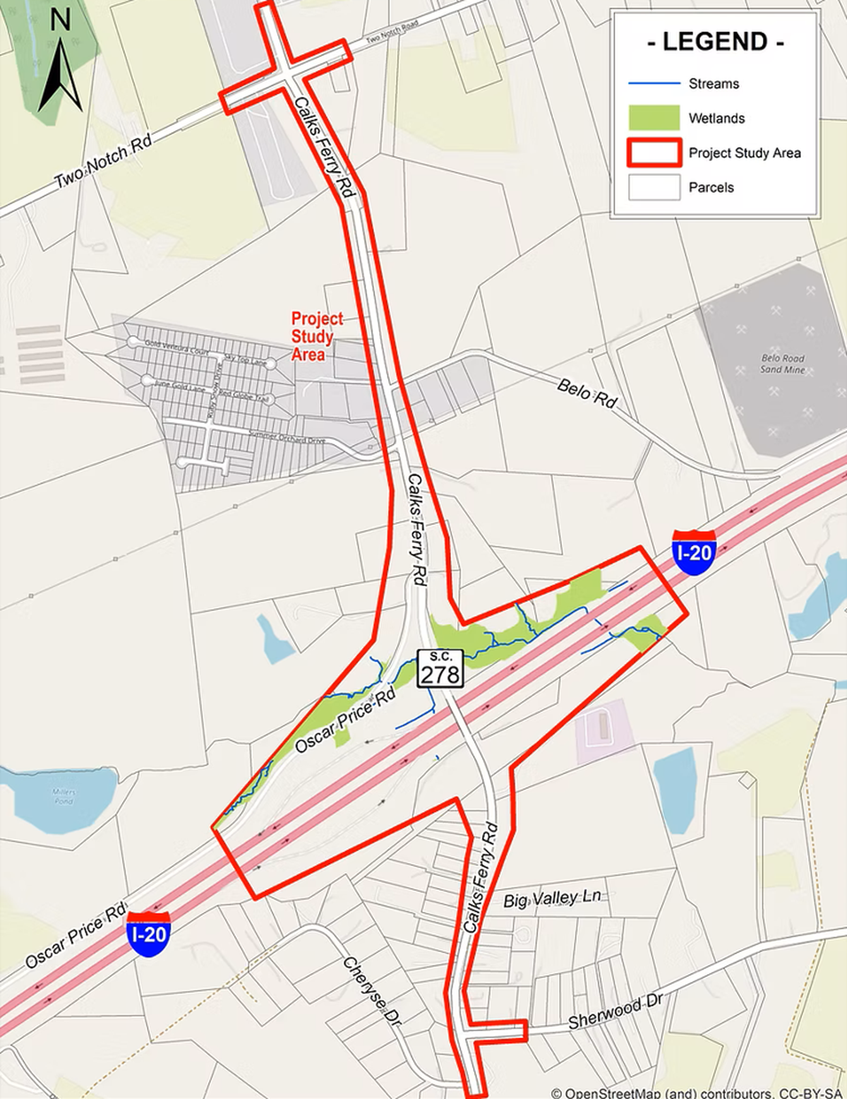 The area around Calks Ferry Road and Interstate 20 that will see improvements during the planned construction of a new interchange.