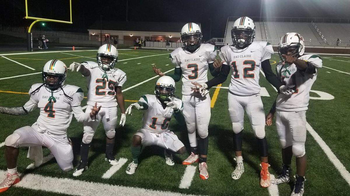 Eau Claire players celebrate their win over Columbia on Friday night, Nov. 1, 2019.