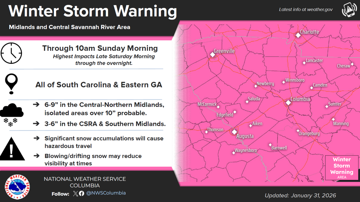 Winter storm and extreme cold warnings are in effect in South Carolina ahead of Winter Storm Gianna, according to the National Weather Service.