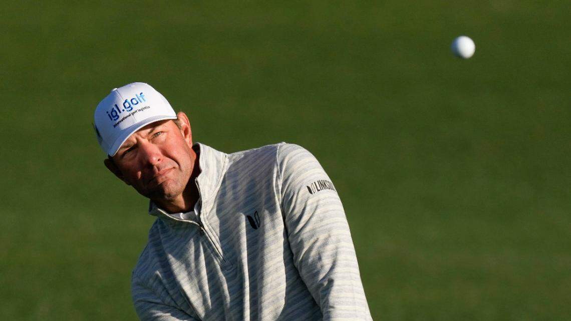 Lucas Glover chips to the second green during the second round at the Masters golf tournament on Friday, April 8, 2022, in Augusta, Ga. (AP Photo/Matt Slocum)