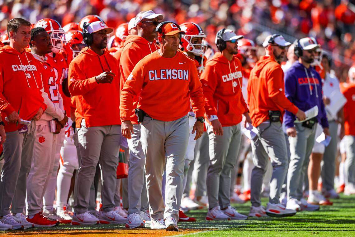 CLEMSON, SOUTH CAROLINA - NOVEMBER 01: Head Coach Dabo Swinney of the Clemson Tigers looks on during the first half of a football game against the Duke Blue Devils at Memorial Stadium on November 01, 2025 in Clemson, South Carolina.