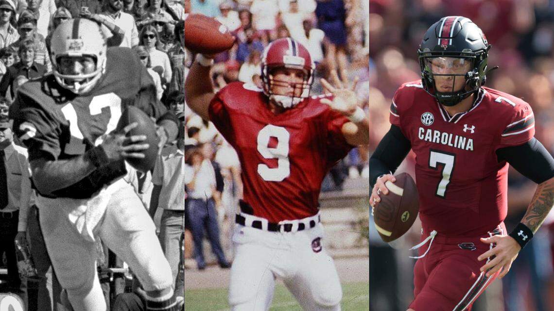 From left, South Carolina QBs Jeff Grantz, Todd Ellis and Spencer Rattler