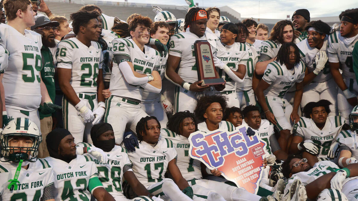 Dutch Fork celebrates defeating Summerville at S.C. State in the Class 5A Division 1 championship on Friday, December 13, 2024.