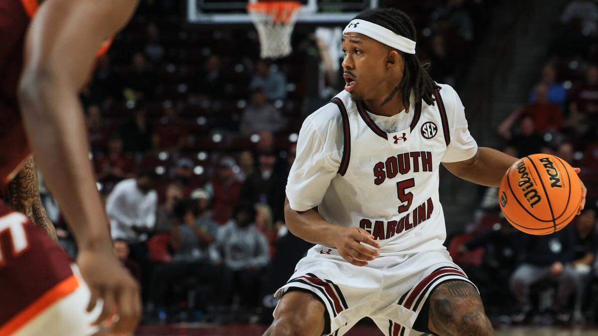 South Carolina's Meechie Johnson (5) plays Virginia Tech on Tuesday, December 2, 2025.
