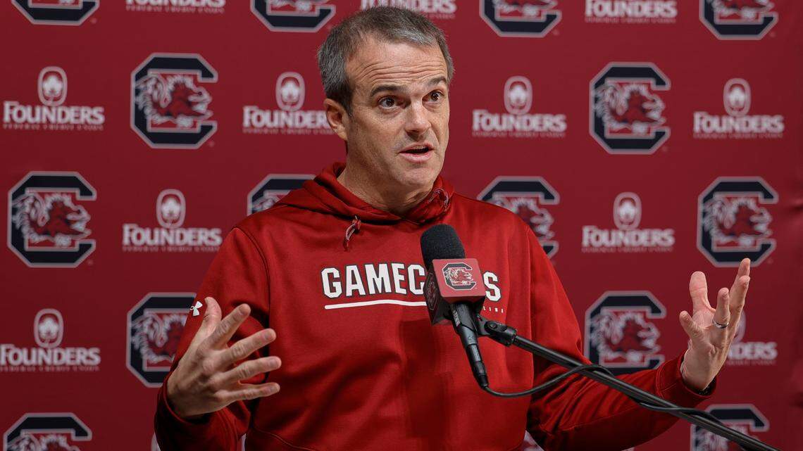 South Carolina football coach Shane Beamer speaks during a press conference on Feb. 2, 2024.