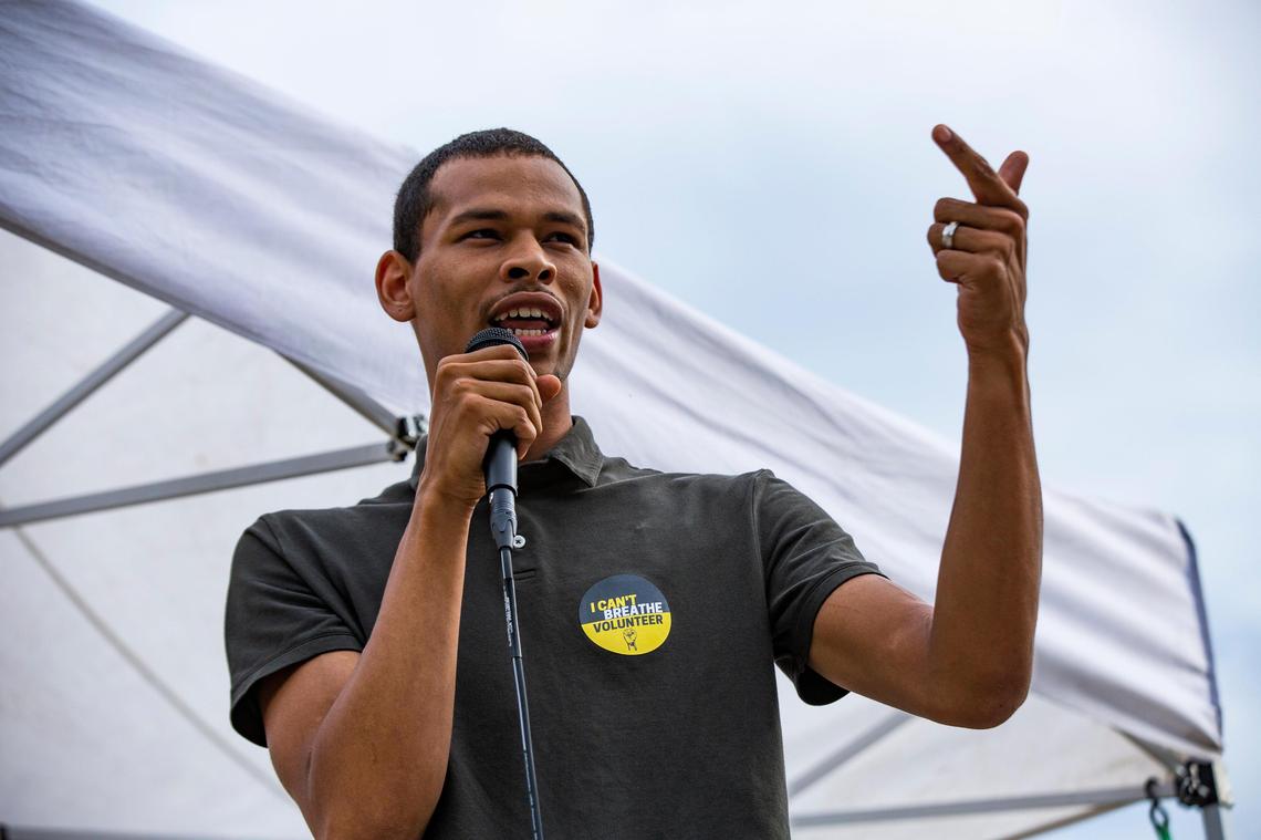 Lawrence Nathaniel speaks during the Public Defenders March for Black Lives demonstration in Downtown Columbia, South Carolina on Monday, June 8, 2020. Nathaniel has organized protests in the weeks following George Floyd’s death in police custody.