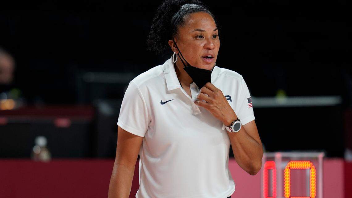 United States’ head coach Dawn Michelle Staley watches during women’s basketball preliminary round game between Nigeria and United States of America at the 2020 Summer Olympics, Tuesday, July 27, 2021, in Saitama, Japan. (AP Photo/Charlie Neibergall)