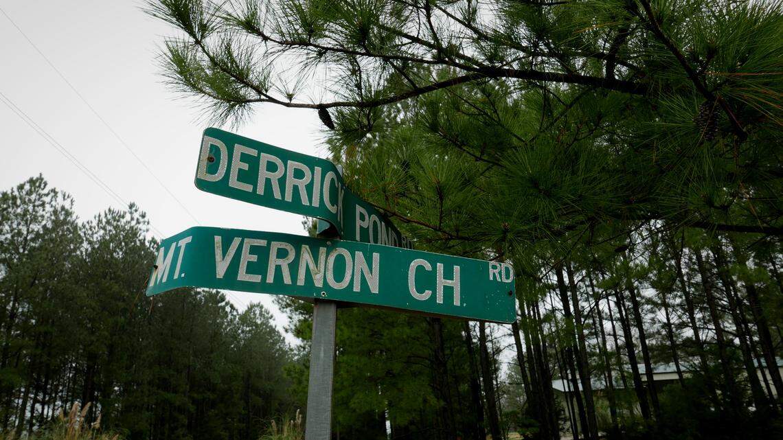 A street sign on the corner of Derrick Pond Road and Mount Vernon Church Road in Chapin. Almost a decade ago, Lexington-Richland 5 purchased land on Derrick Pond Road to build a new elementary school. Today the site is wooded forest, and a school is proposed for a site 8 miles away, on Amicks Ferry Road.
