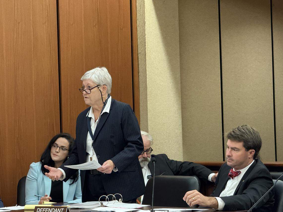 Elizabeth Crum, an attorney for the SC State Election Commission, makes a point to Judge Daniel Coble about voter privacy during a hearing on Friday, Sept. 26, 2025.