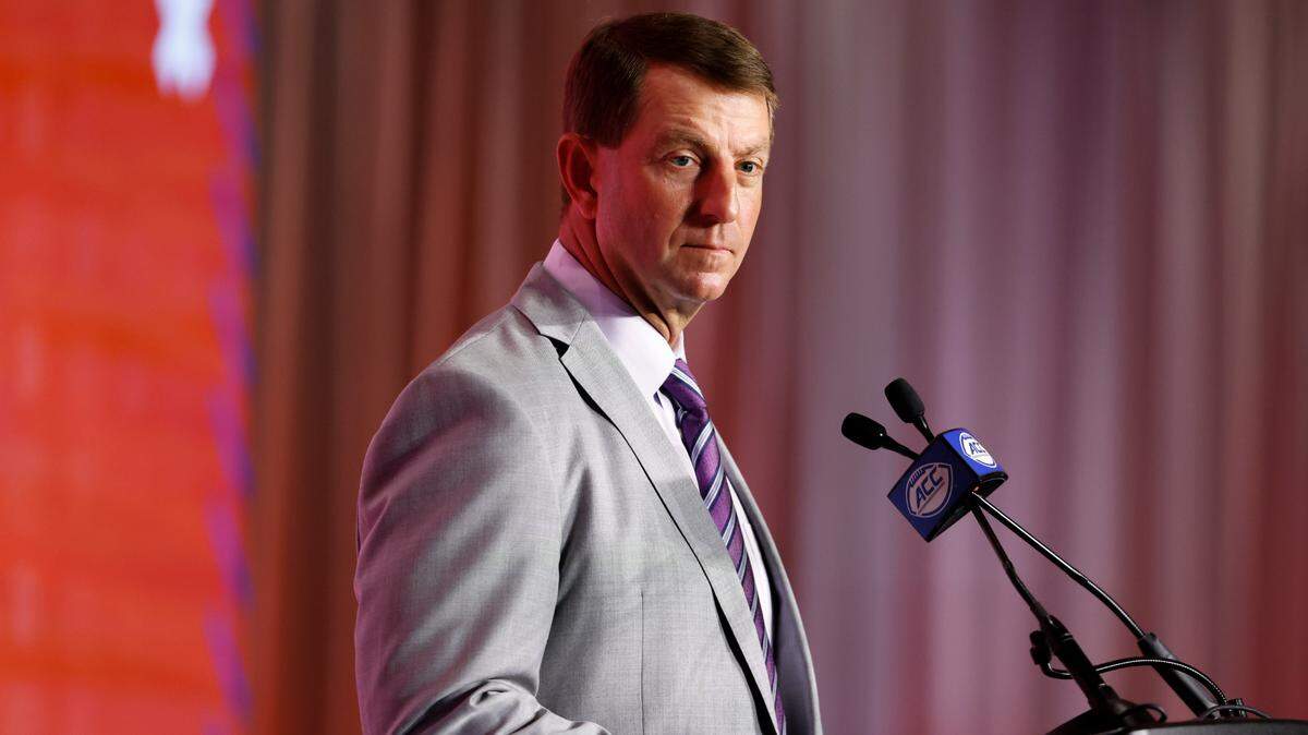 Clemson head coach Dabo Swinney speaks to the media at the 2024 ACC Kickoff in Charlotte, N.C., Thursday, July 25, 2024.
