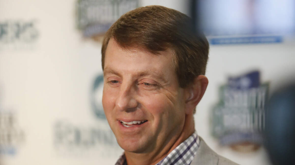 Coach Dabe Swinney is interviewed before South Carolina Coaches for Charities annual fundraising dinner Tuesday, Jul 24 at the TD Convention Center. 