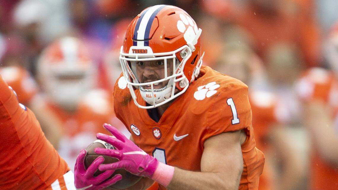 Clemson running back Will Shipley (1) shown in the first half of an NCAA college football game against Florida State Saturday, Oct. 30, 2021, in Clemson, S.C. (AP Photo/Hakim Wright Sr.)