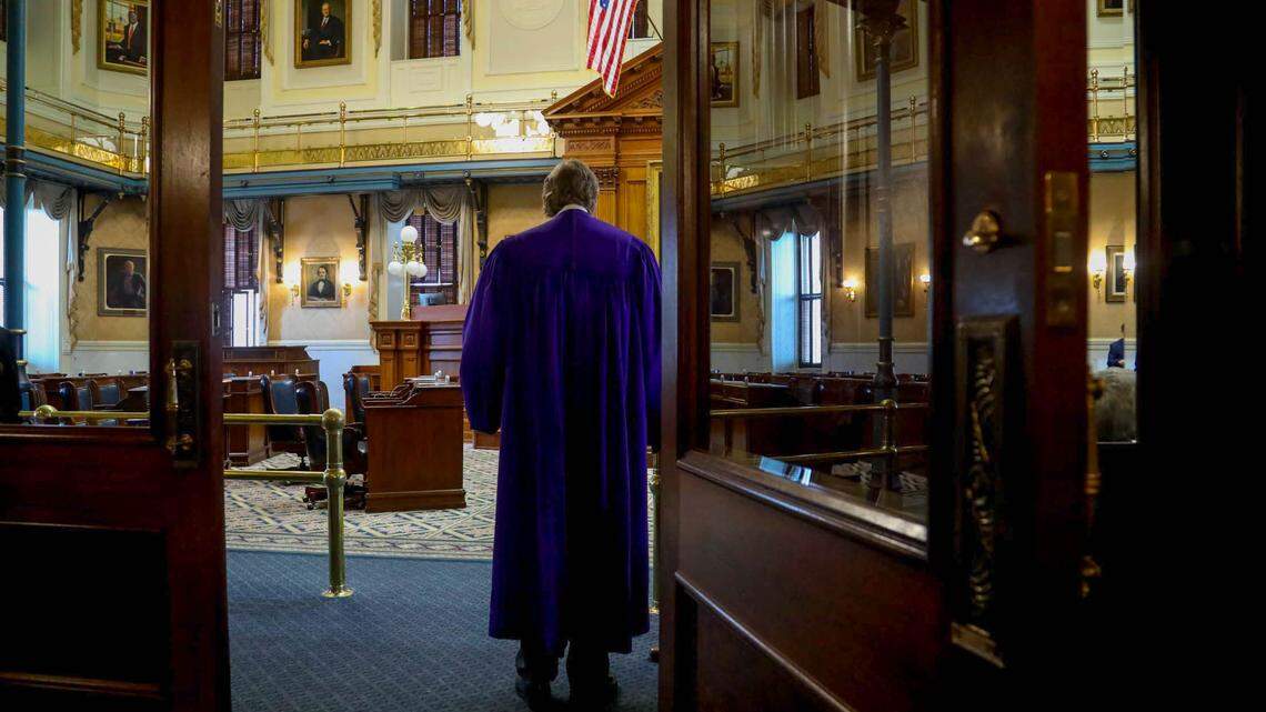 Sen. Harvey Peeler, R-Cherokee, stands at the entrance to the Senate Chamber before becoming the Senate Finance Committee Chairman on Monday, Dec. 6, 2021.