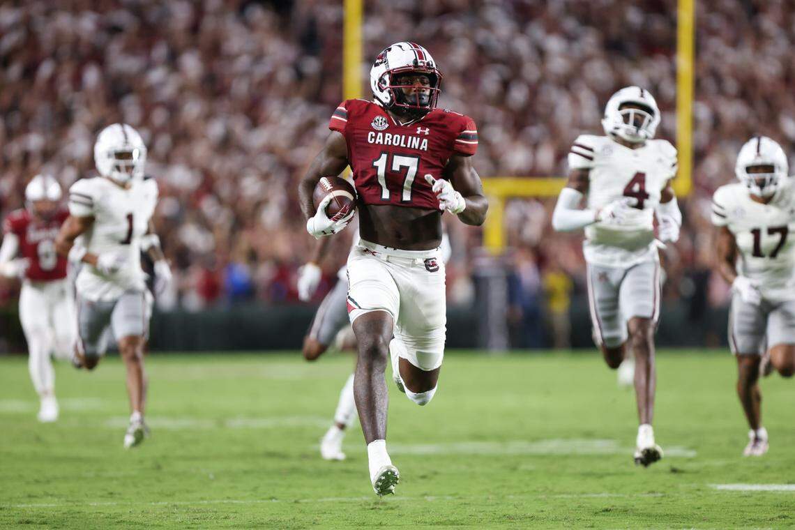 South Carolina wide receiver Xavier Legette (17) scores a touchdown during the first quarter of the Gamecocks’ game at Williams-Brice Stadium in Columbia on Saturday, September 23, 2023.