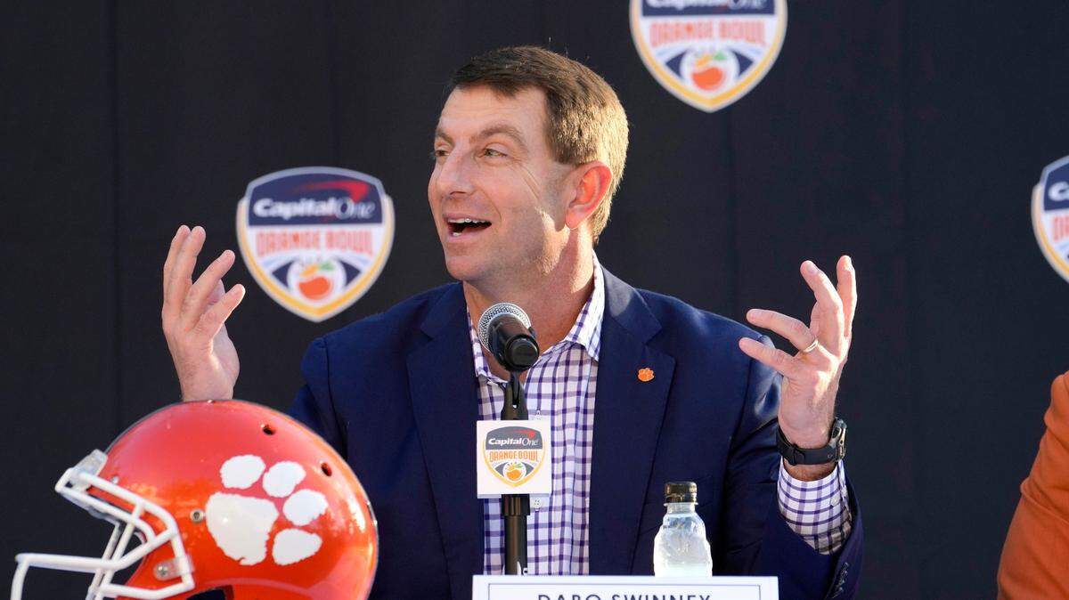Clemson head coach Dabo Swinney speaks during a news conference for the Orange Bowl NCAA college football game, Wednesday, Dec. 7, 2022, in Hollywood, Fla. Clemson will play Tennessee in the Orange Bowl Dec. 30. (AP Photo/Lynne Sladky)