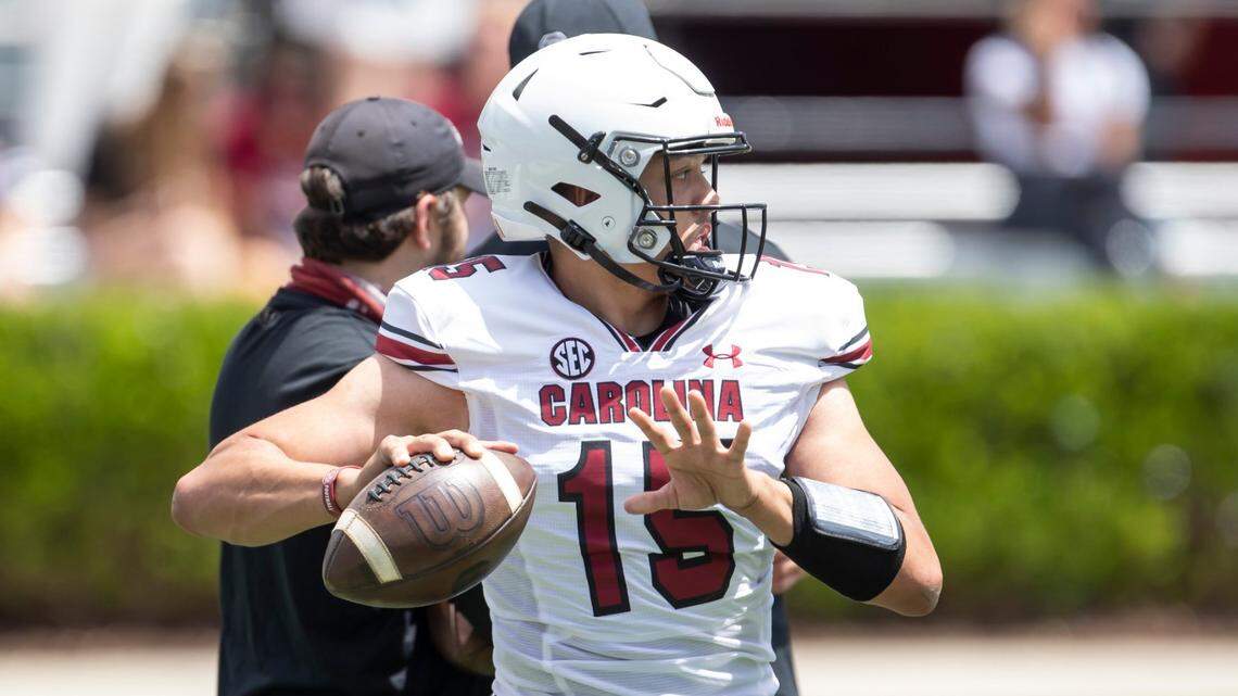 Quarterback Jason Brown warms up prior to the Gamecocks’ Garnet and Black Spring Game at Williams-Brice Stadium on Sunday, April 25, 2021.