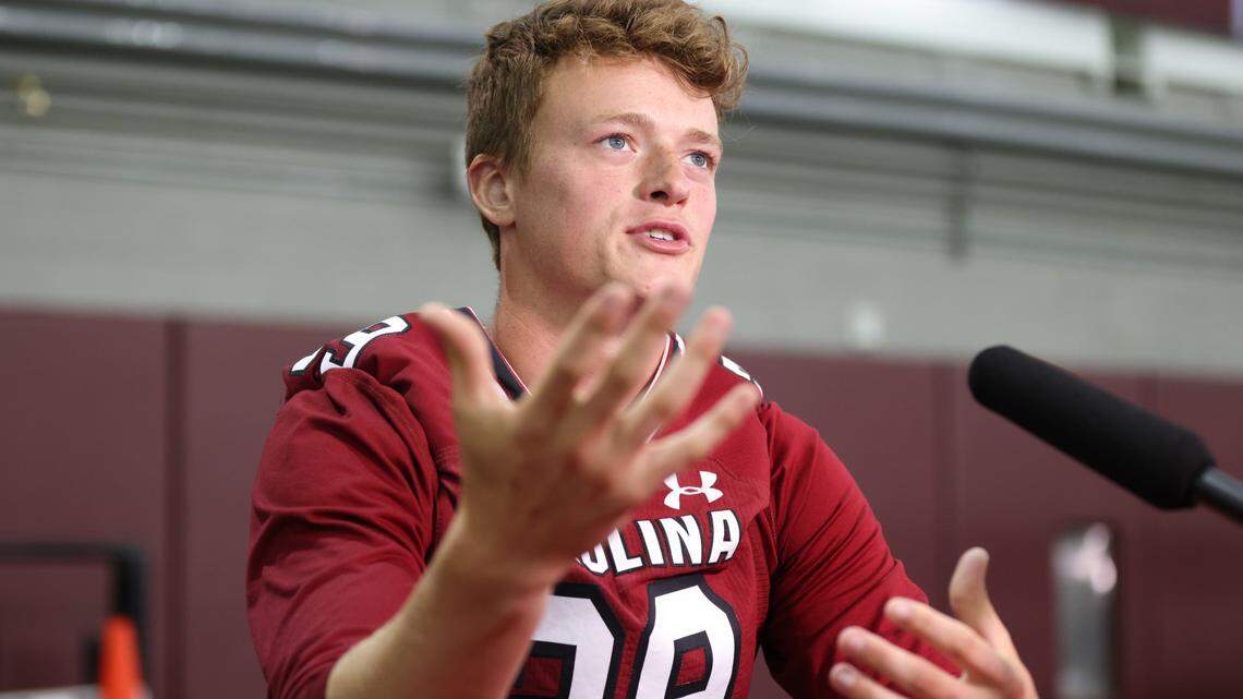 South Carolina punter Kai Kroeger answers questions during Media Day at the Spurrier Indoor Practice Facility in Columbia on Thursday, August 3, 2023.